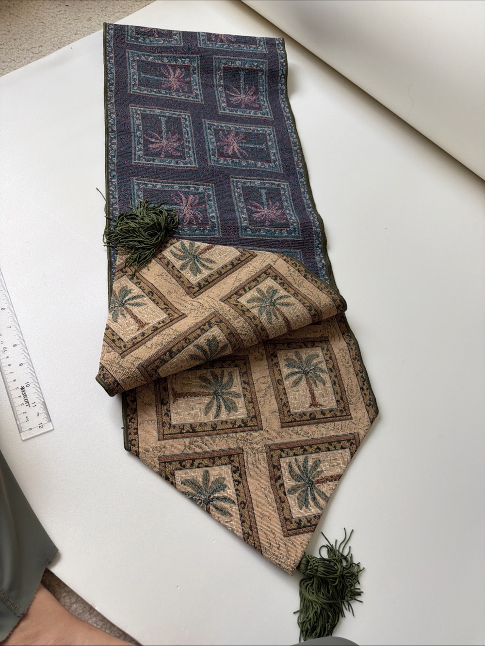 Palm Motif Reversible Table Runner with Tassels - Green & Tan